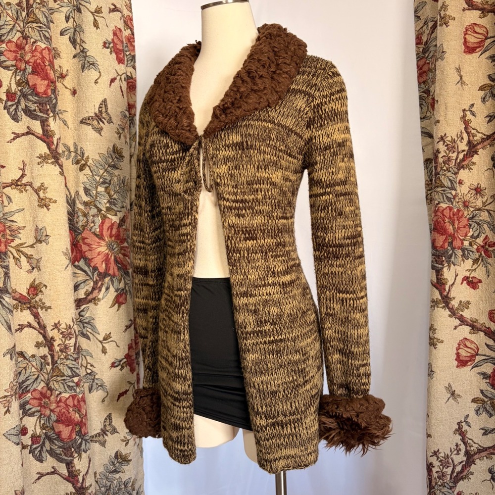 Wishful Star Brown Marl Knit Faux Fur Trim Cardigan Sweater with cute tie front